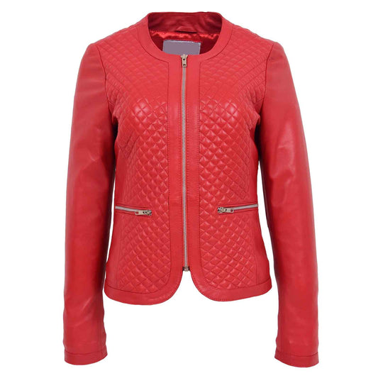 Regals Leather Women’s Red Quilted Collarless Leather Jacket – Joan Slim Fit Biker