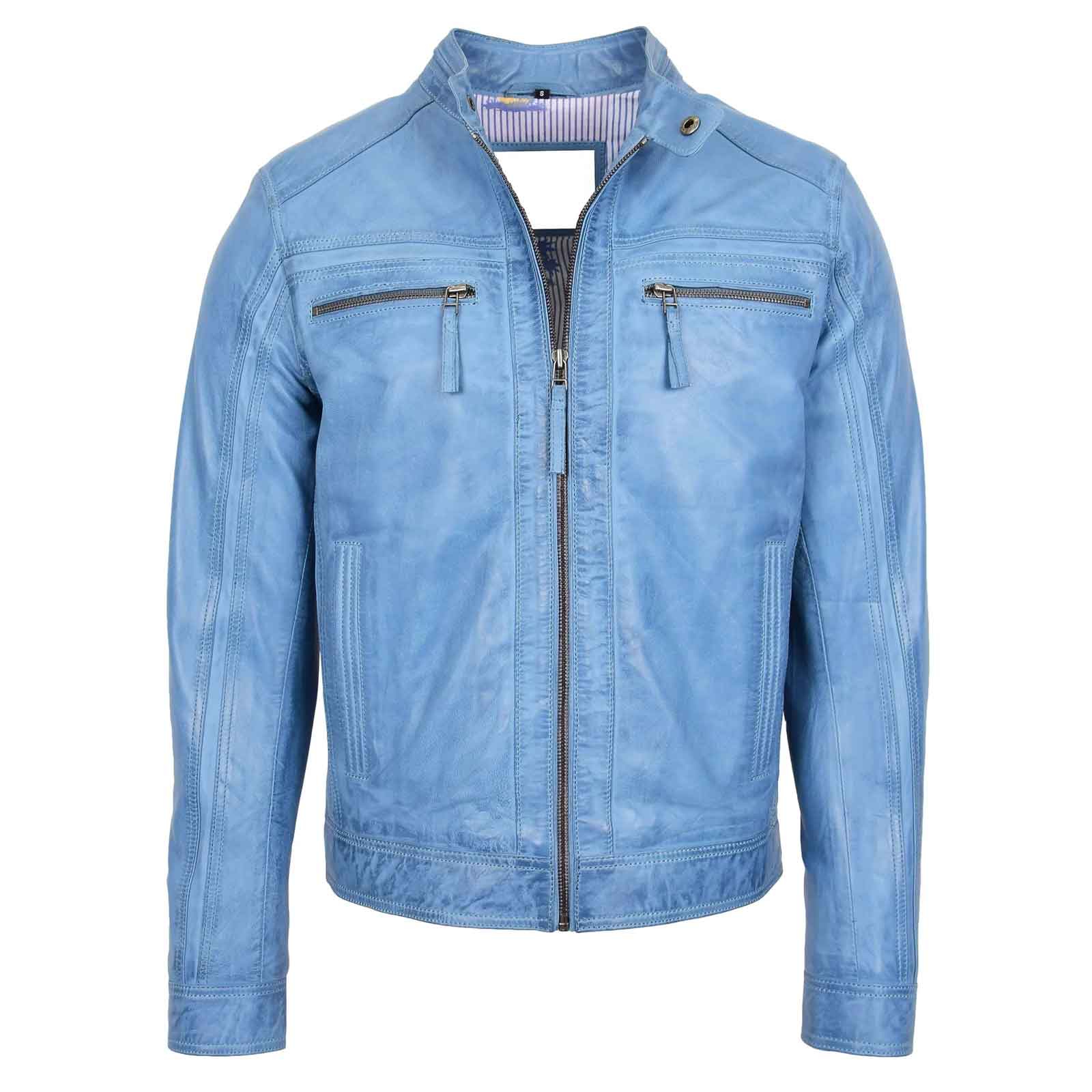 Men’s Sky Blue Leather Cafe Racer Jacket – Charlie Biker Style | Regals Leather