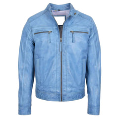 Men’s Sky Blue Leather Cafe Racer Jacket – Charlie Biker Style | Regals Leather