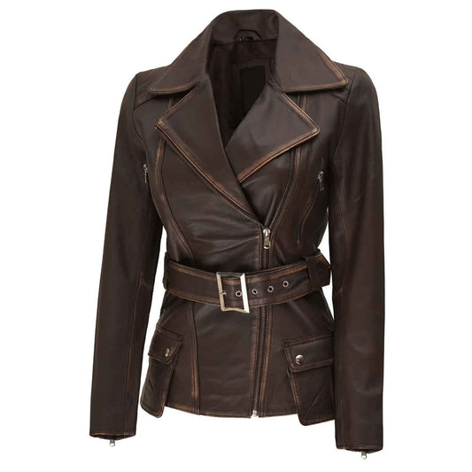 Women's Distressed Brown Asymmetrical Genuine Leather Biker Style Jacket