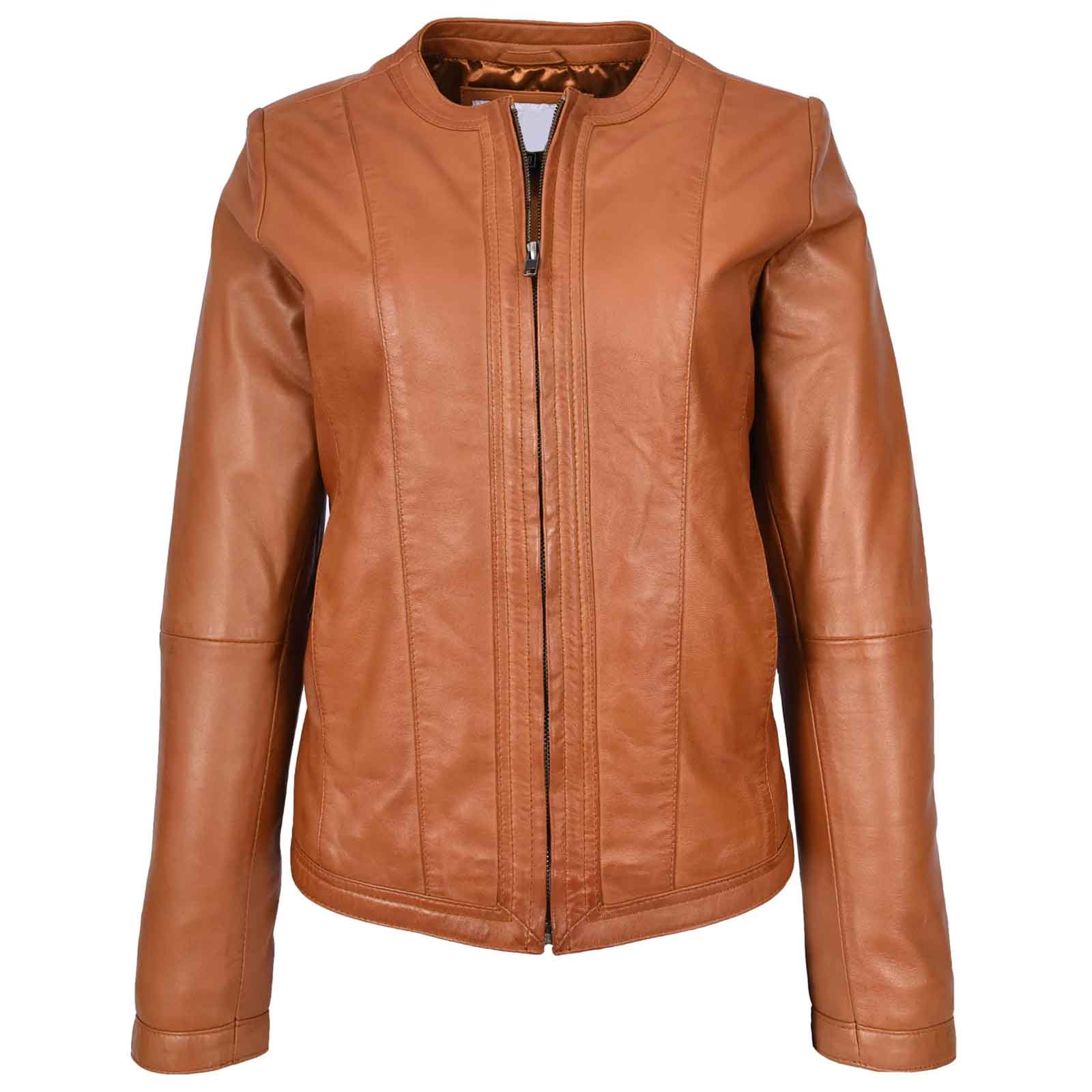 Women's Real Leather Collarless Fashion Jacket Slim Fit Style Clara Tan