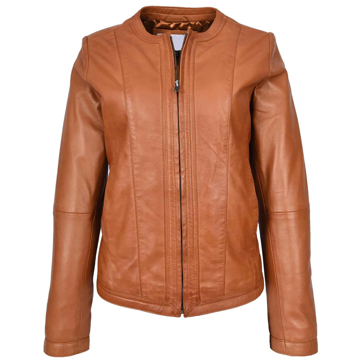 Women's Real Leather Collarless Fashion Jacket Slim Fit Style Clara Tan