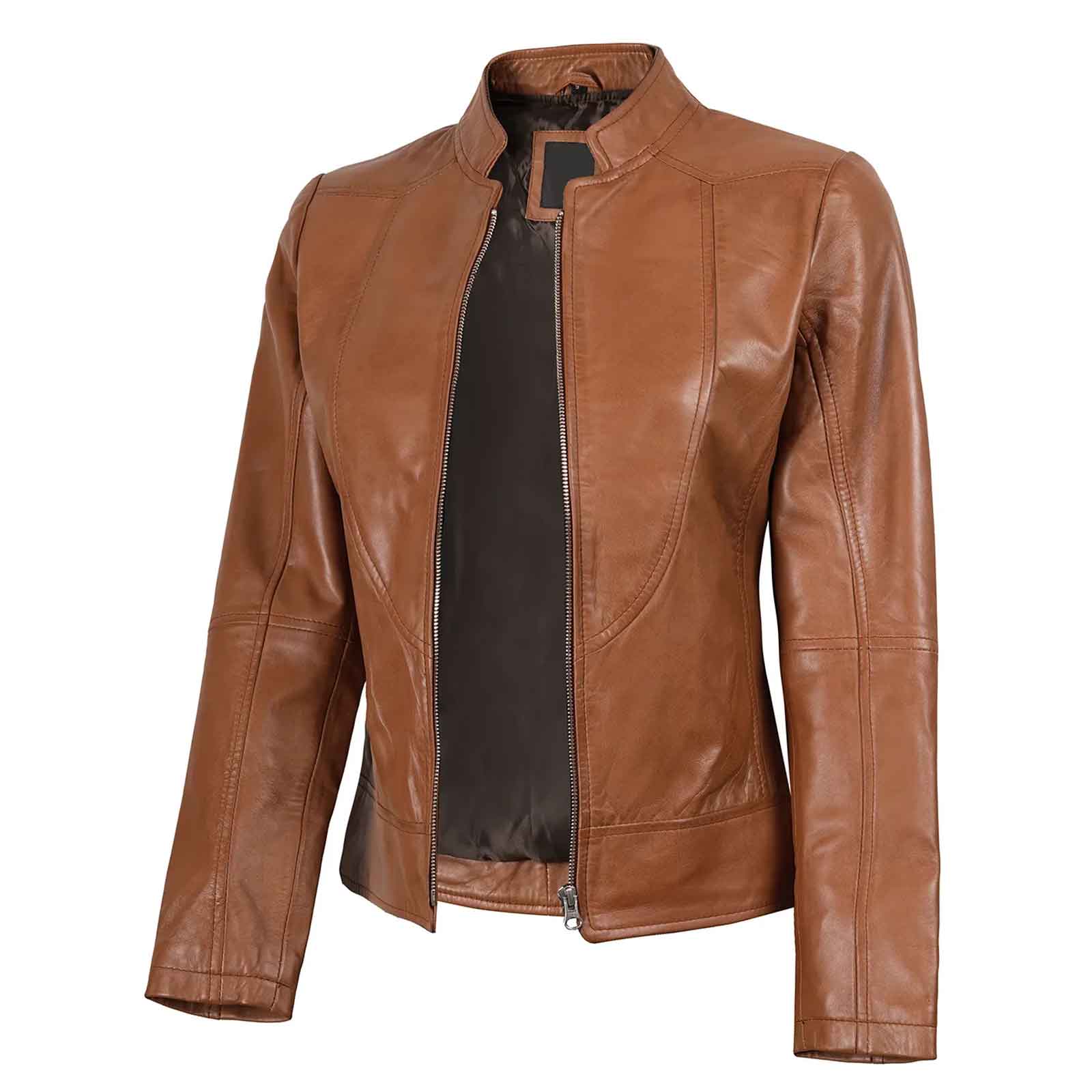 Regals Leather Amy Women's Cafe Racer Tan Brown Real Leather Jacket