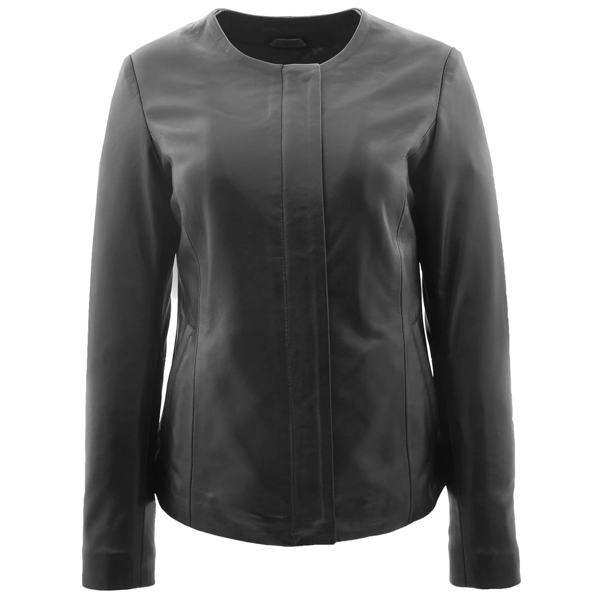 Lambskin Stylish Women's Collarless Round Neck Leather Jacket Moreno Black