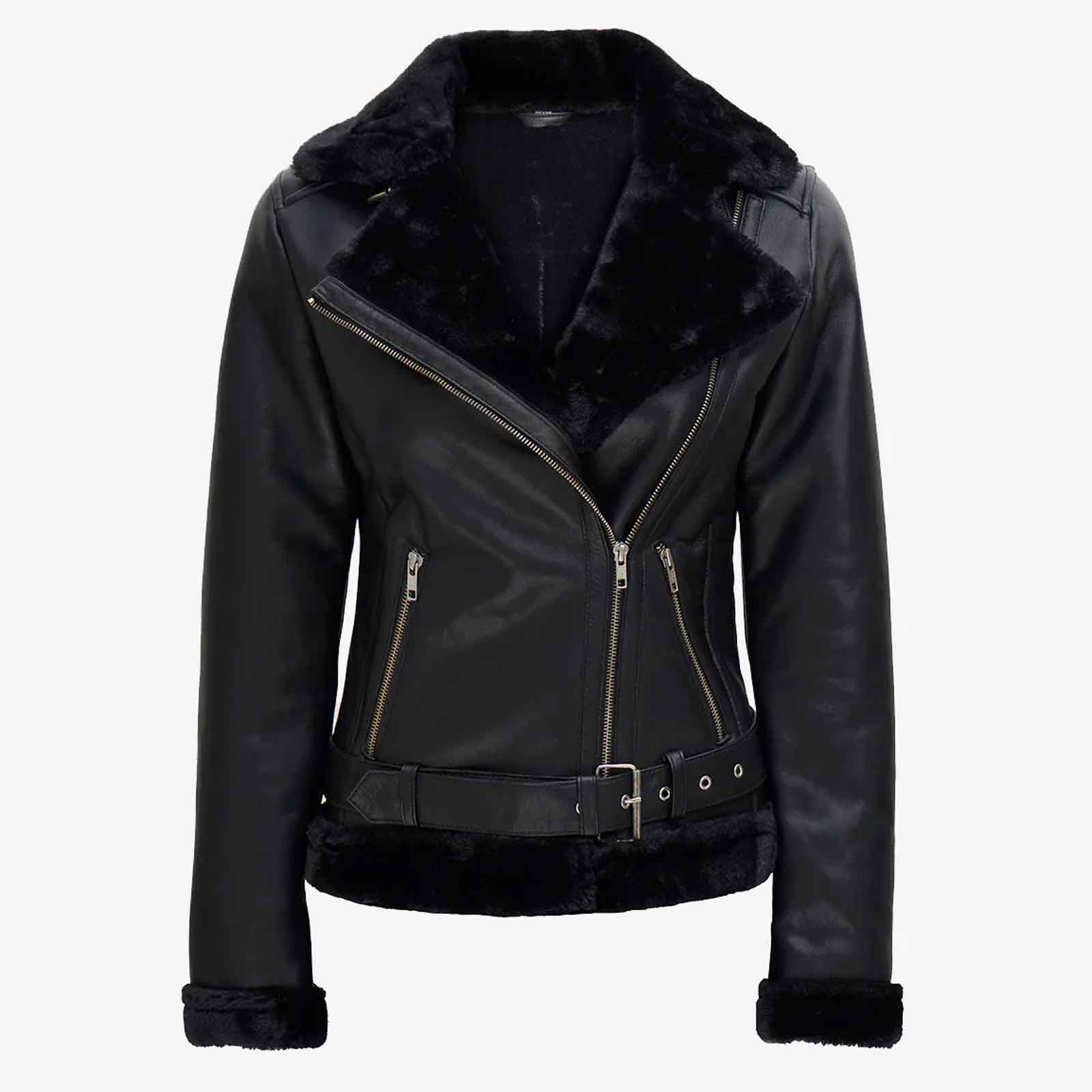 Women's Black Asymmetrical Shearling Real Leather Jacket | Regals Leather