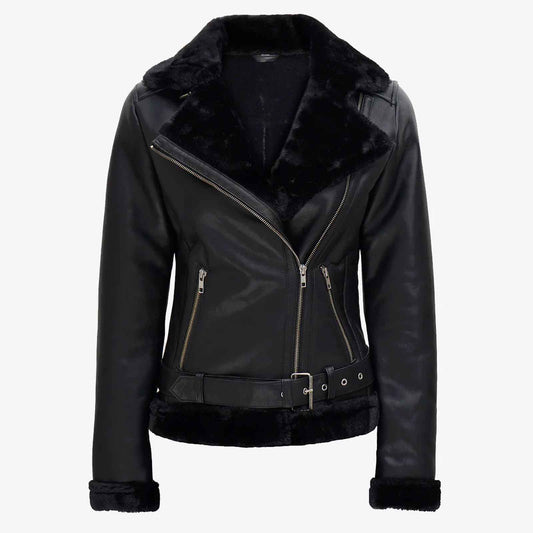 Women's Black Asymmetrical Shearling Real Leather Jacket | Regals Leather