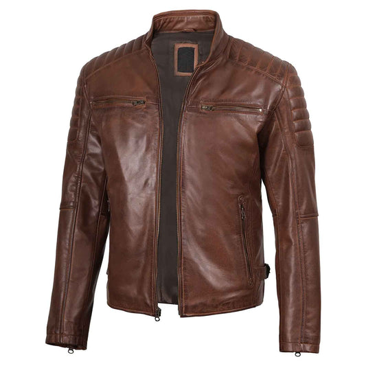 Men's Cognac Brown Cafe Racer Biker Style Genuine Leather Jacket