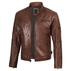 Men's Cognac Brown Cafe Racer Biker Style Genuine Leather Jacket