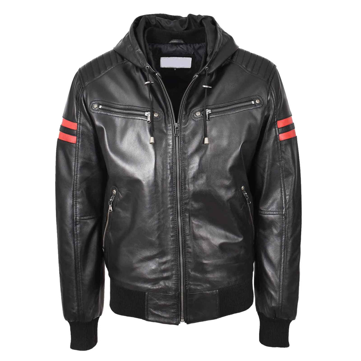 Leather Men's Genuine Lambskin Leather Hooded Bomber Jacket Remmy Black