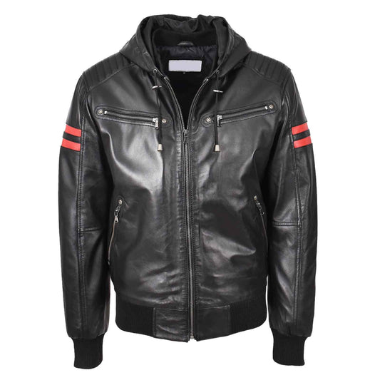 Leather Men's Genuine Lambskin Leather Hooded Bomber Jacket Remmy Black