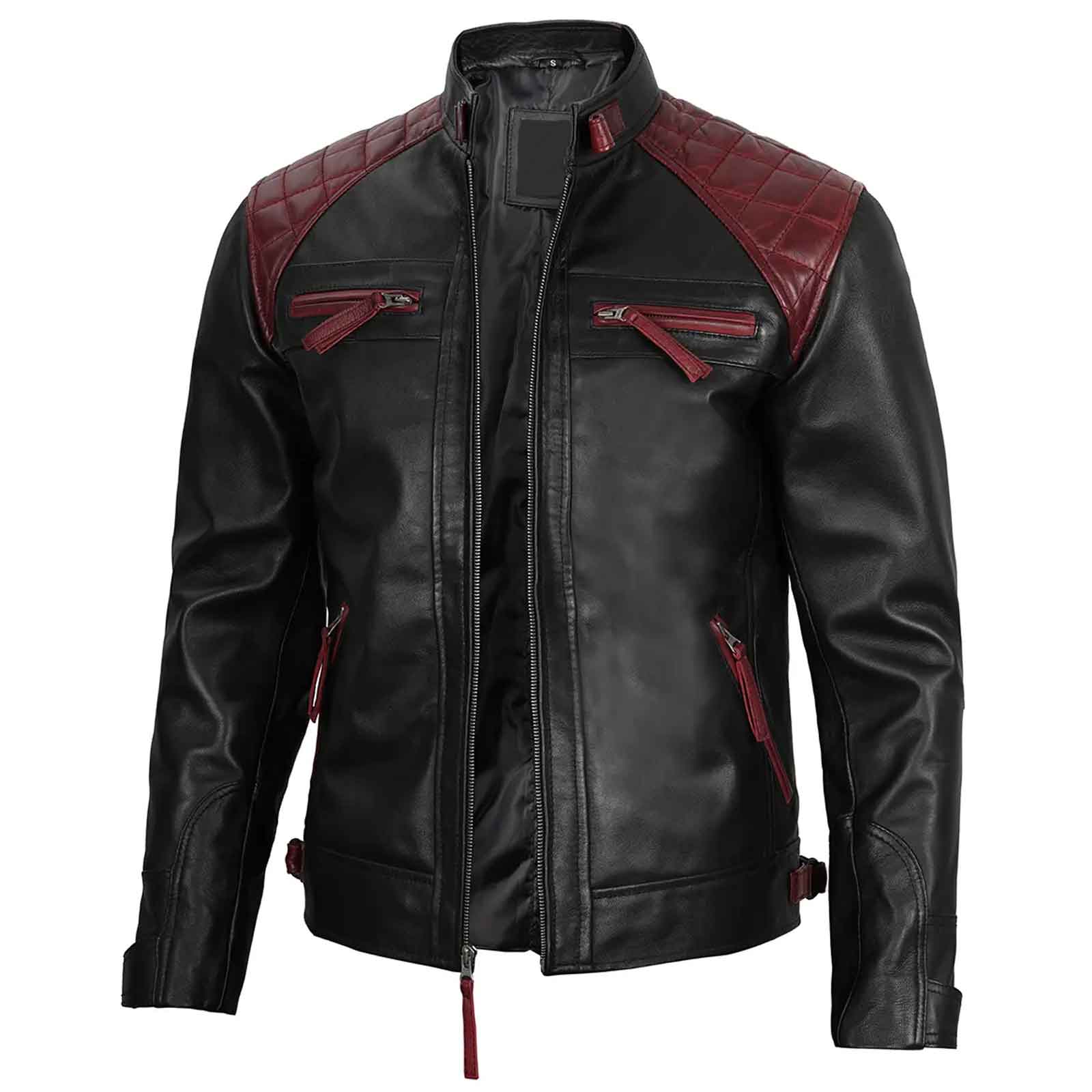 Rollins Men's Black and Burgundy Genuine Lambskin Quilted Biker Style Leather Jacket
