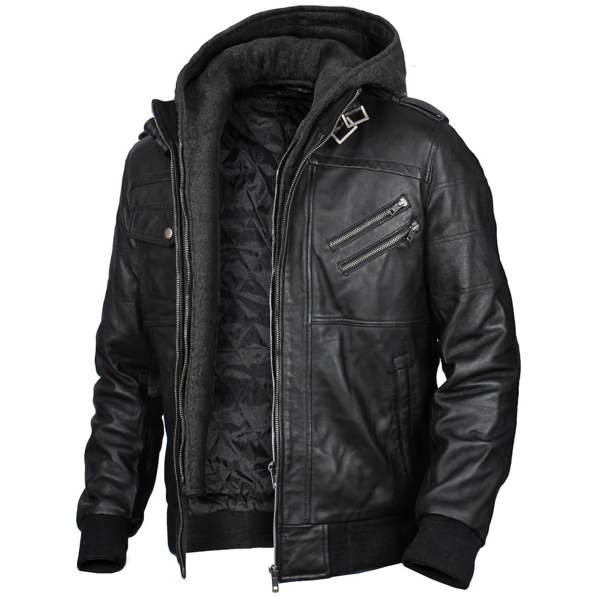 Mens Leather Jacket Geniune Motorcycle Fashion Jacket Men With Removable Hood Leather Jacket Black