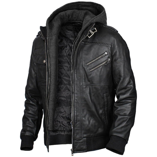 Mens Leather Jacket Geniune Motorcycle Fashion Jacket Men With Removable Hood Leather Jacket Black