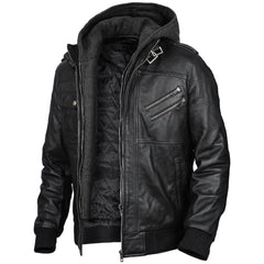 Mens Leather Jacket Geniune Motorcycle Fashion Jacket Men With Removable Hood Leather Jacket Black