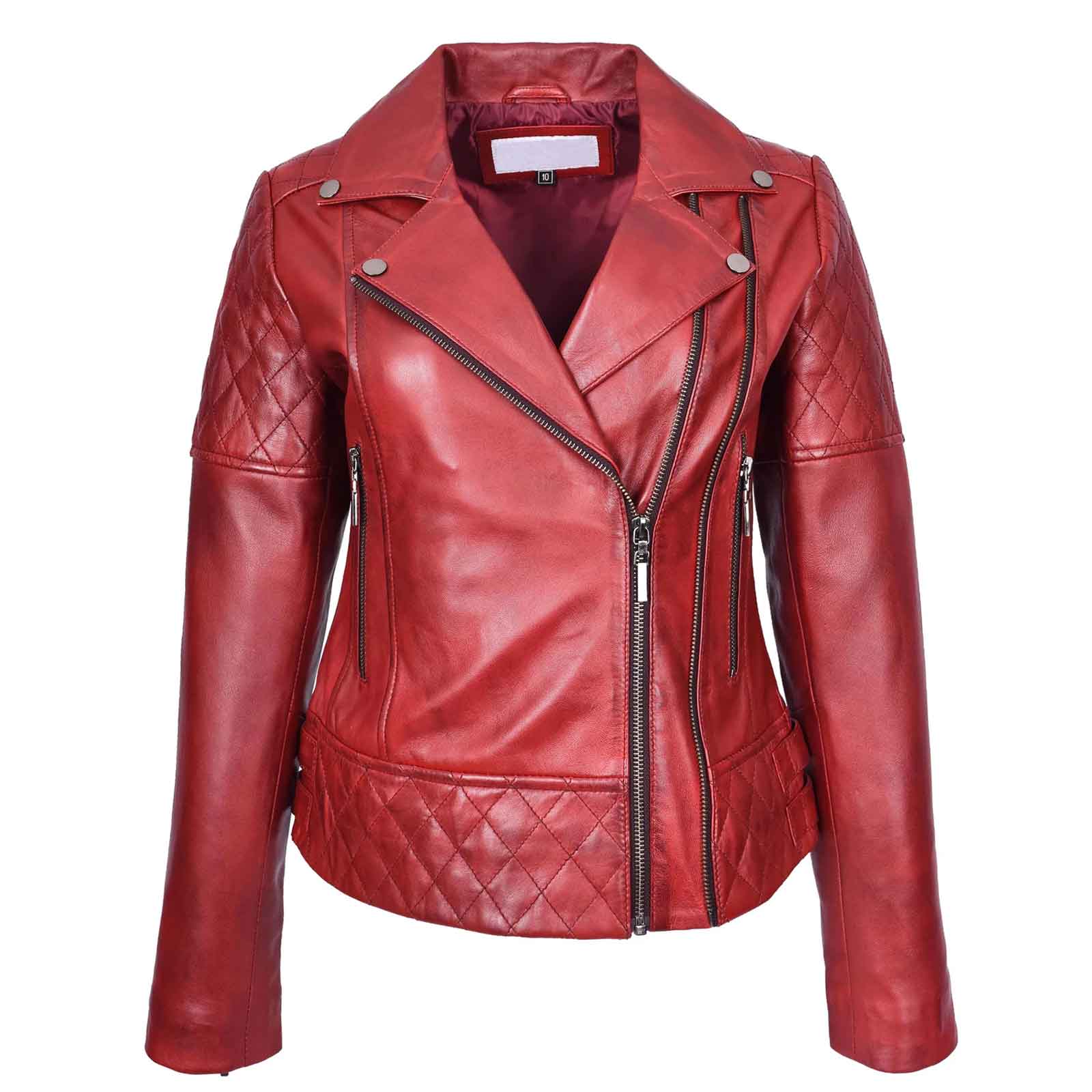 Nixi Women’s Burnish Red Multi Cross Zip Biker Leather Jacket | Quilted Fitted Style