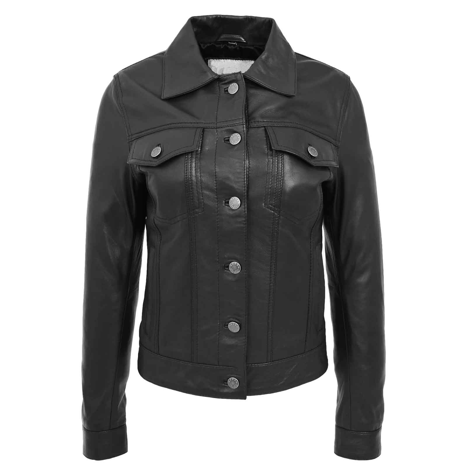 Regals Leather Women's Soft Genuine Leather Trucker Style Jacket Alma Black