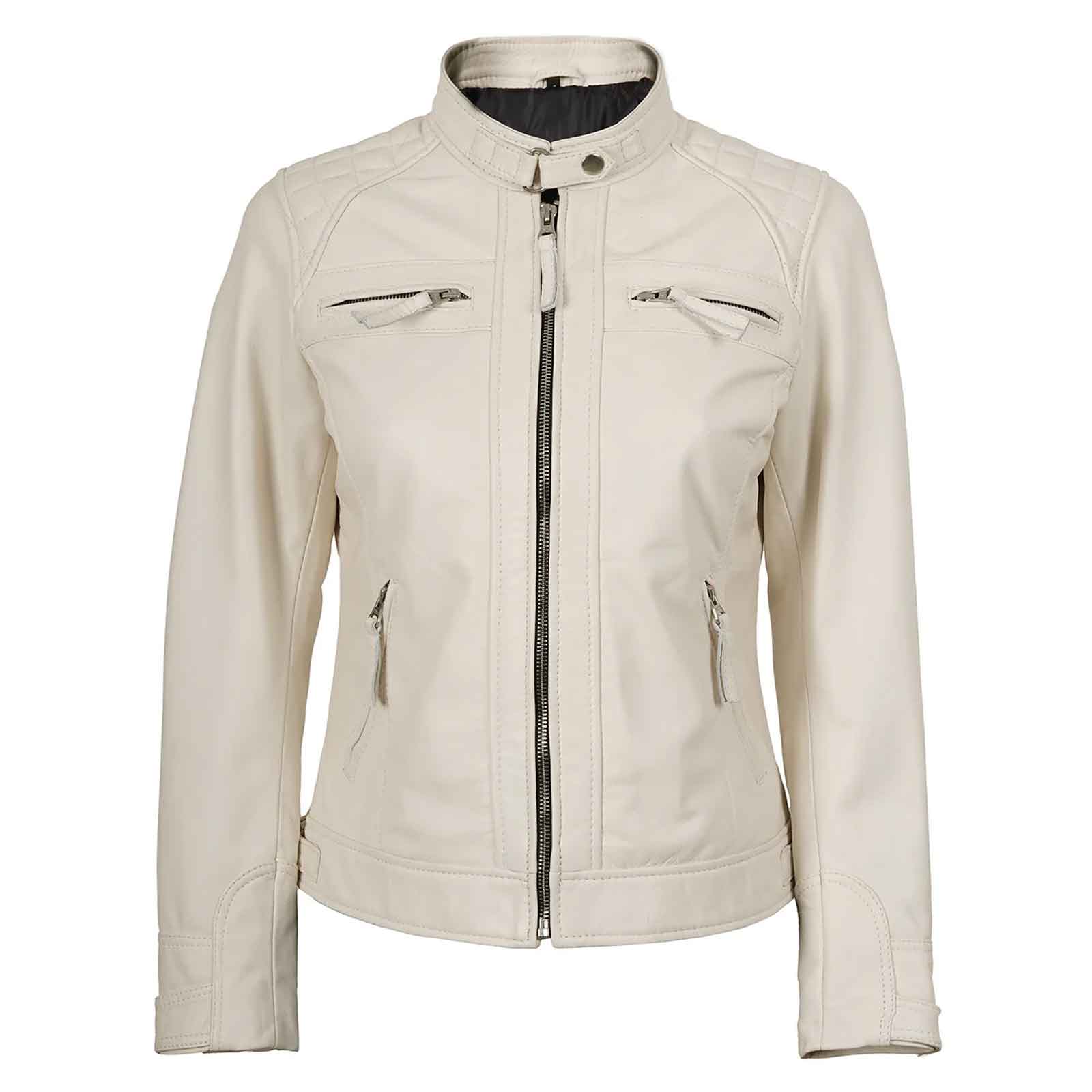 Women’s Off White Quilted Cafe Racer Leather Jacket – Johnson Real Lambskin Biker Coat