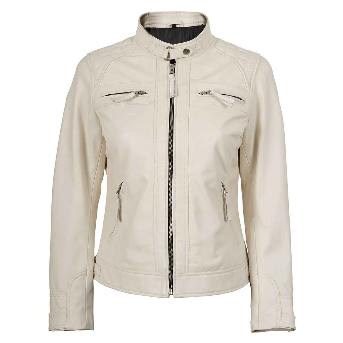 Women’s Off White Quilted Cafe Racer Leather Jacket – Johnson Real Lambskin Biker Coat