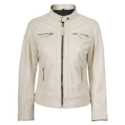 Women’s Off White Quilted Cafe Racer Leather Jacket – Johnson Real Lambskin Biker Coat