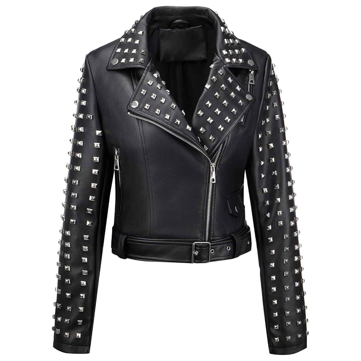 Women’s Studded Faux Leather Moto Jacket | Rivet Short Biker Coat with Stand Collar