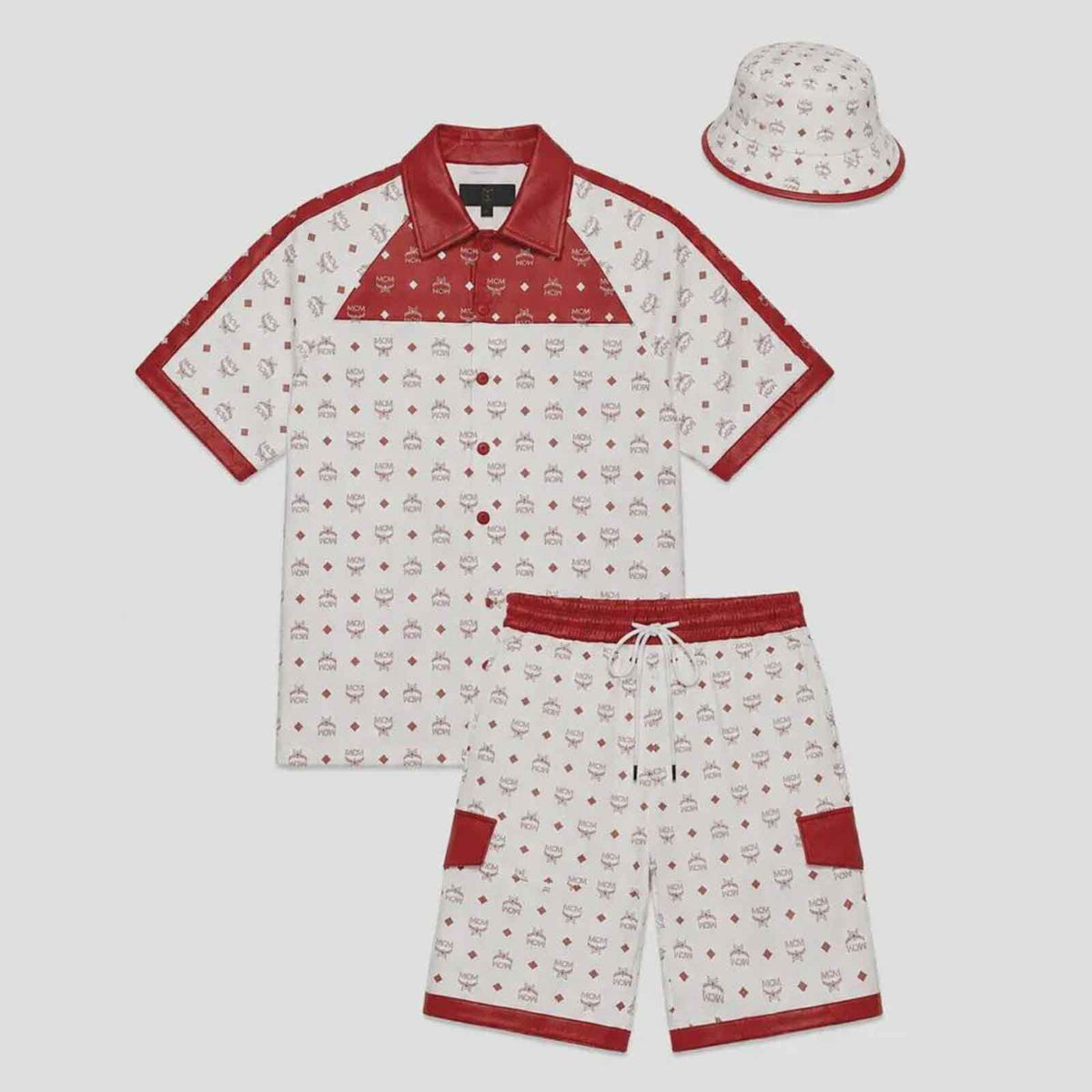MCM Men’s Red & White Monogram Leather Short Suit | Vintage Custom-Made Tracksuit Set
