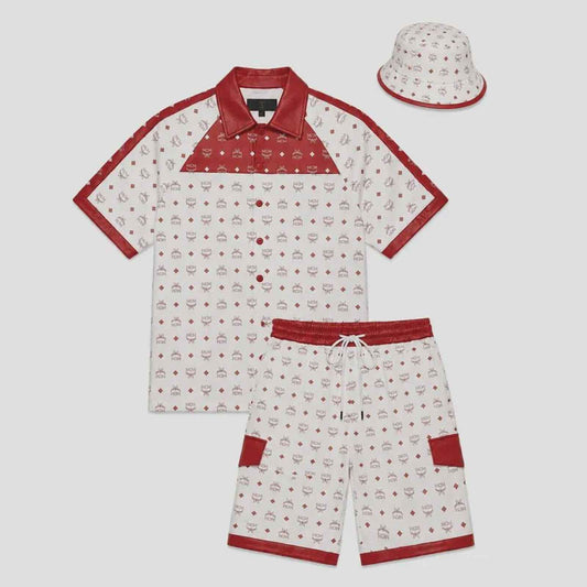 MCM Men’s Red & White Monogram Leather Short Suit | Vintage Custom-Made Tracksuit Set