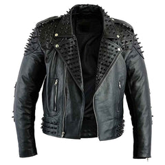 Black Metal Studded Full Sleeve Multipocketed Original Leather Jacket