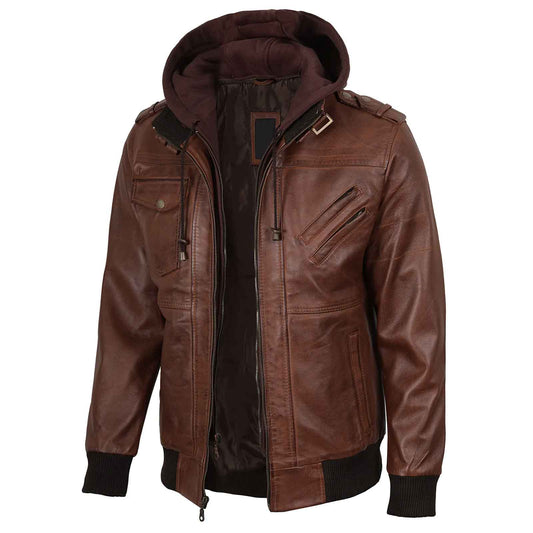 Edinburgh Men's Brown Bomber Genuine Leather Jacket With Removable Hood