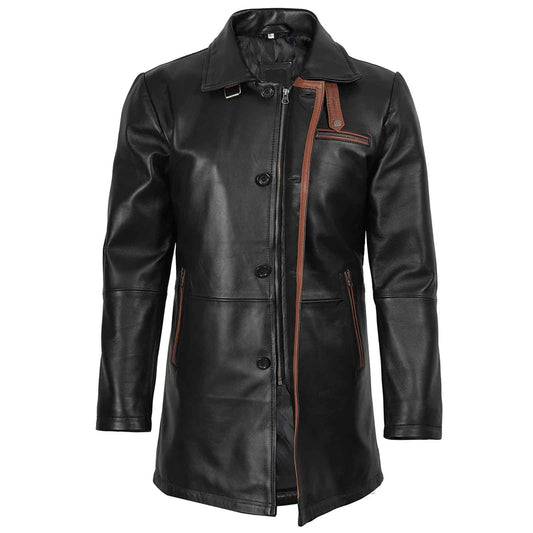 Regals Leather Vintage Glen Men's Black Genuine Leather Car Coat
