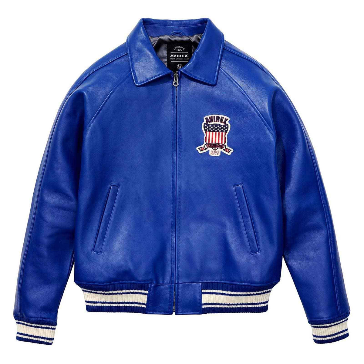 Top Quality Men’s Avirex Leather Jacket Navy Blue Leather Bomber Jacket Iconic Style