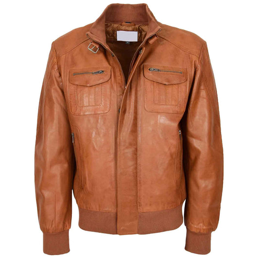 Men’s Leather Bomber Flight Jacket – Tom Tan Classic Aviator Style