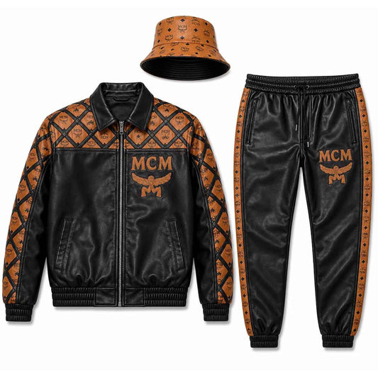 Women’s MCM Genuine Leather Tracksuit Set | Luxury Streetwear Jacket, Pants & Hat