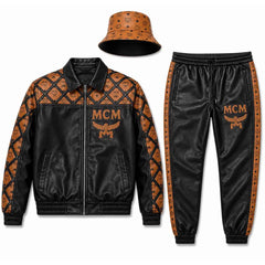 Women’s MCM Genuine Leather Tracksuit Set | Luxury Streetwear Jacket, Pants & Hat