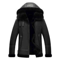 Regals Leather Men’s Black Hooded B3 Leather Bomber Jacket Aviator Flight Jacket