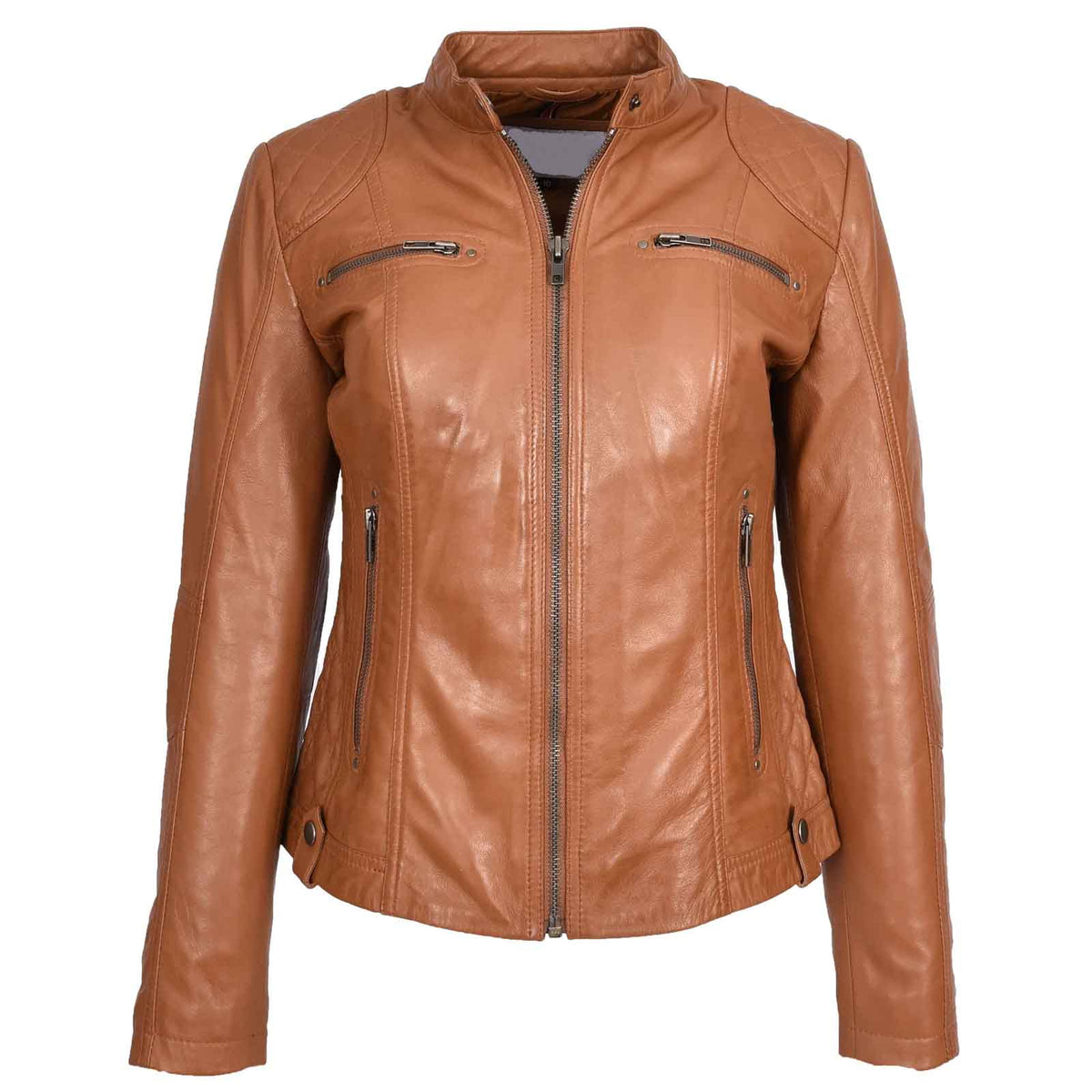 Women’s Soft Tan Leather Biker Jacket – Fitted Quilted Cafe Racer Style | Fiona