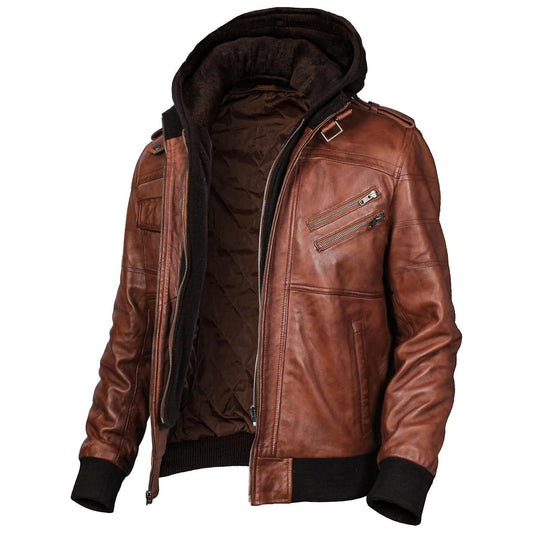 Men's Leather Jacket Genuine Motorcycle Fashion Jacket With Removable Hood Brown Leather Jacket For Man