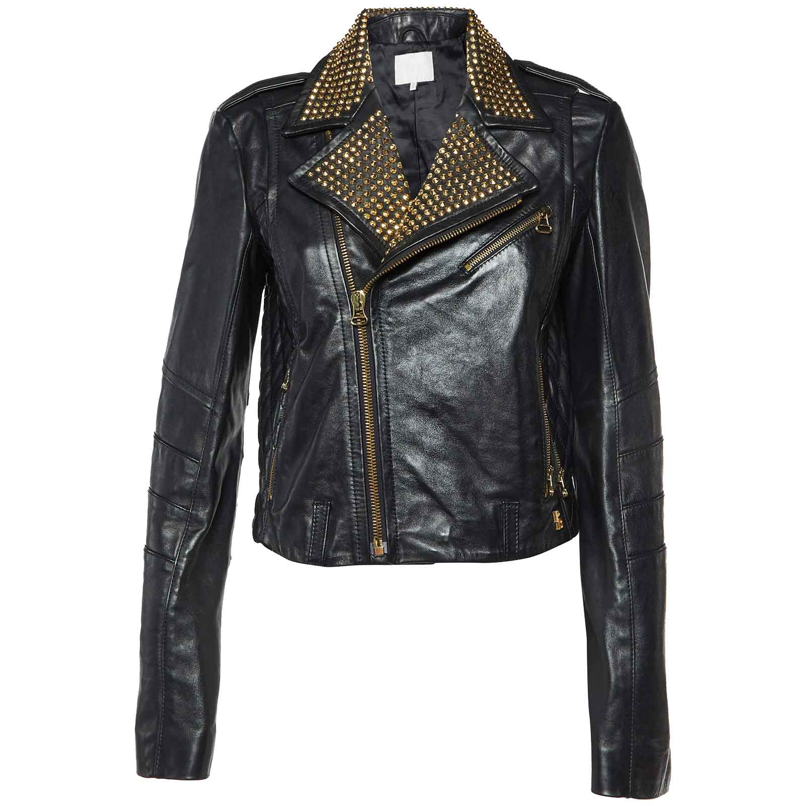 Pierre Balmain Studded Biker Jacket | Black Genuine Leather Designer Moto Coat