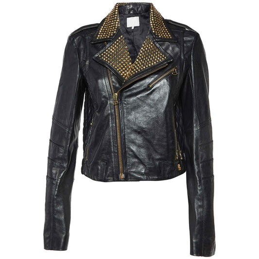 Pierre Balmain Studded Biker Jacket | Black Genuine Leather Designer Moto Coat