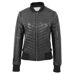 Women’s Real Leather Varsity Bomber Jacket Black – Sally Quilted Design