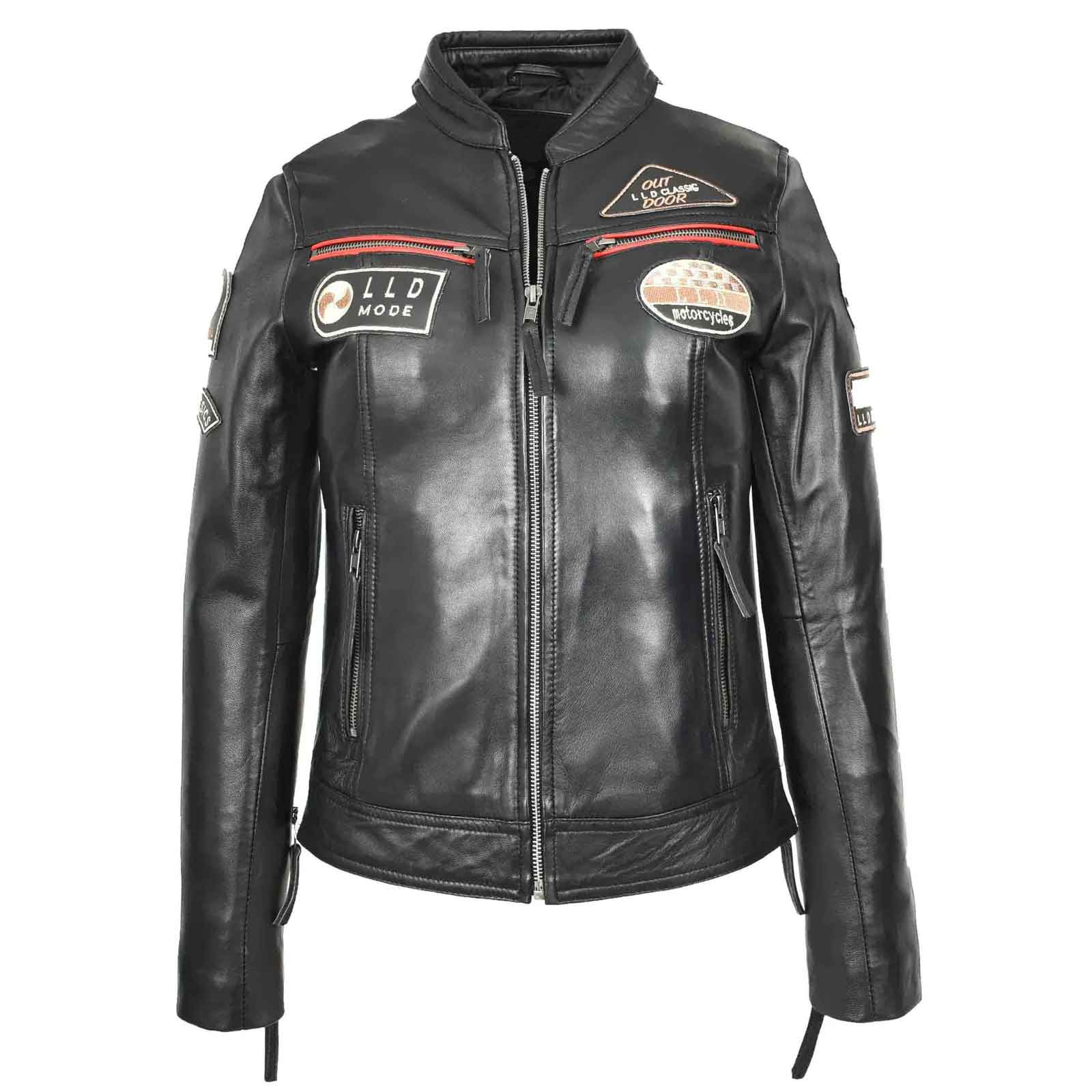 Women’s Black Leather Cafe Racer Biker Jacket – Motorcycle Style with Rosa Badges