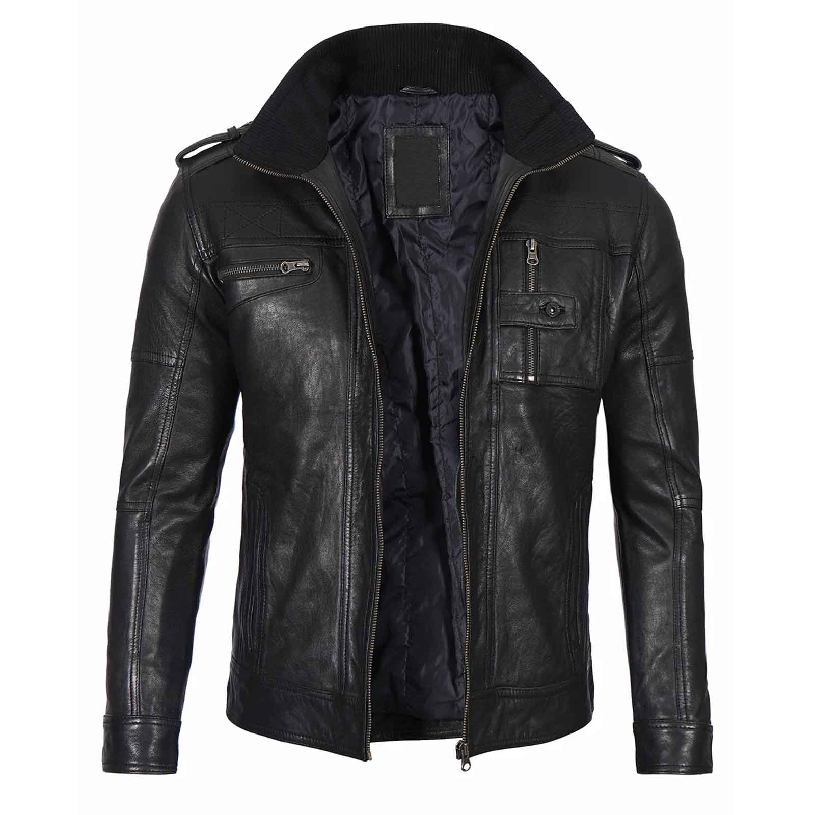 Regals Leather Men's Black Waxed Cafe Racer Style Lambskin Leather Jacket