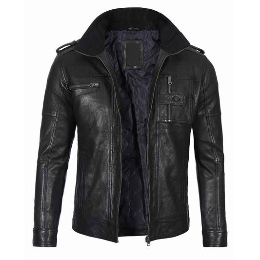 Regals Leather Men's Black Waxed Cafe Racer Style Lambskin Leather Jacket