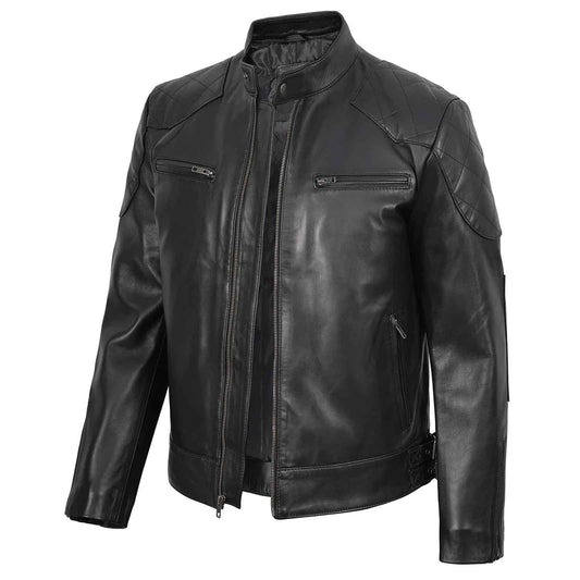 Regals Leather Men's Black Cafe Racer Genuine Leather Jacket