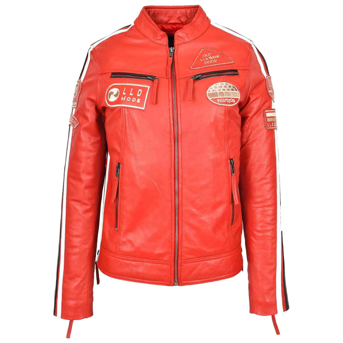 Ladies Rosa Red Leather Cafe Racer Biker Jacket – Motorcycle Style with Badges