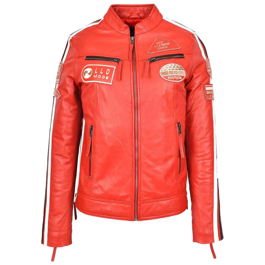 Ladies Rosa Red Leather Cafe Racer Biker Jacket – Motorcycle Style with Badges