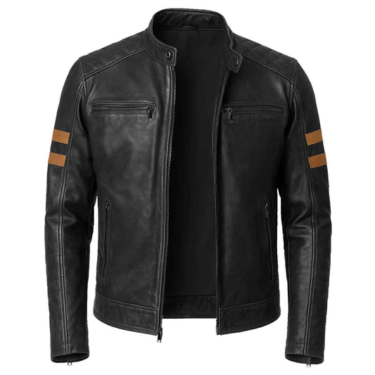 Vintage Men's Black Biker Style Leather Jacket with Tan Accent Stripes