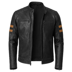 Vintage Men's Black Biker Style Leather Jacket with Tan Accent Stripes