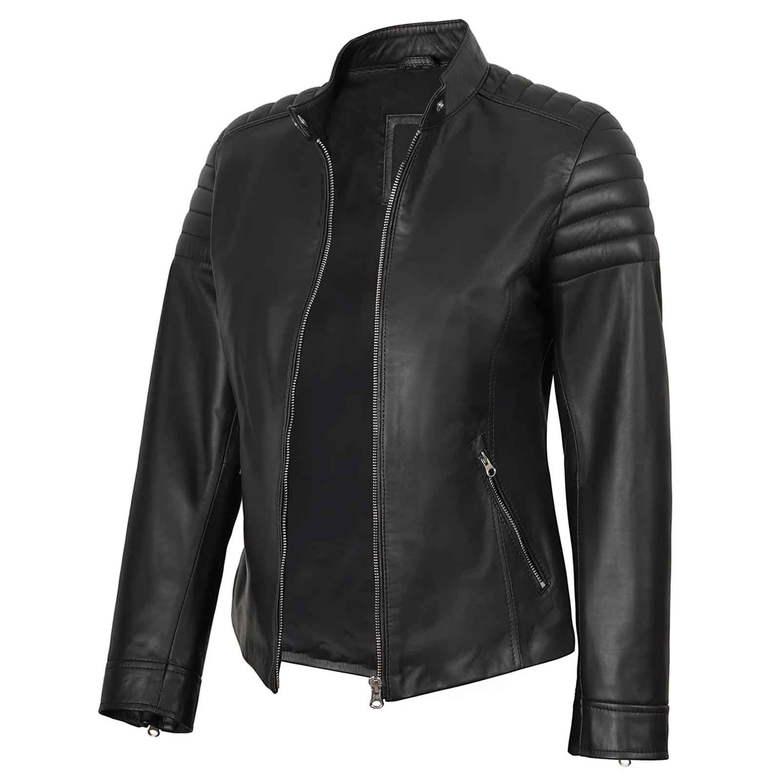 Vintage Women's Black Cafe Racer Lambskin Leather Jacket | Regals Leather
