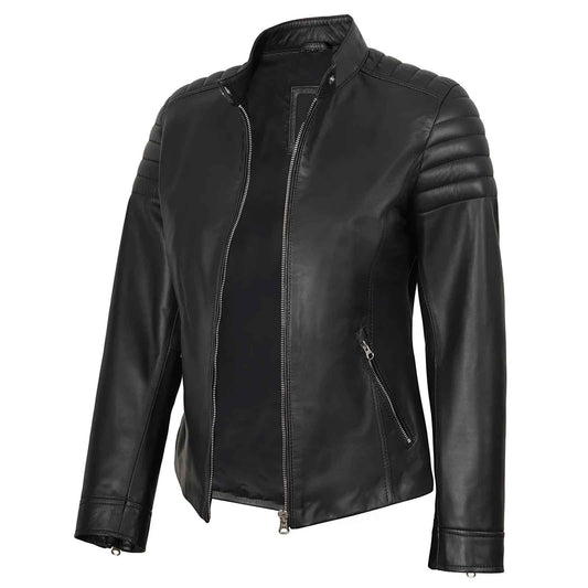 Vintage Women's Black Cafe Racer Lambskin Leather Jacket | Regals Leather