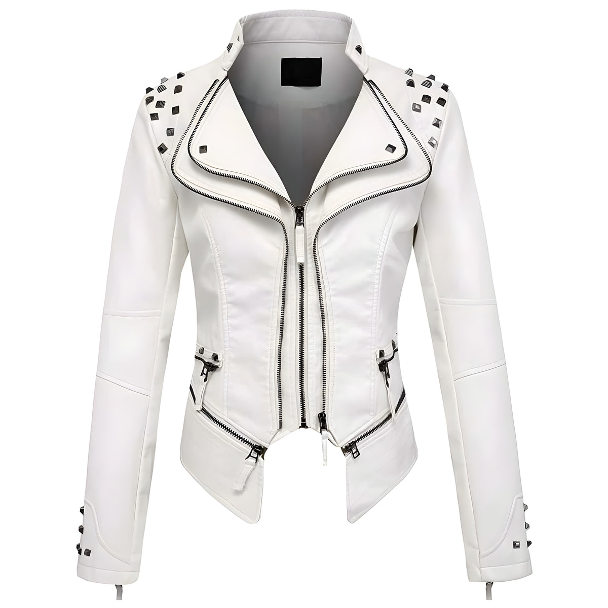 Women’s Studded Faux Leather Jacket – Slim Fit Adjustable Moto Biker Style Outerwear